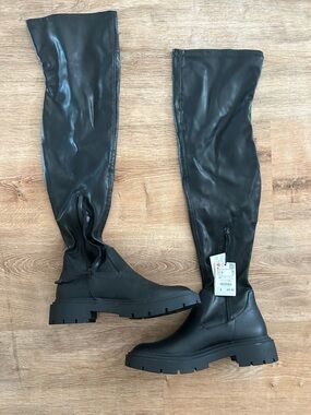 Zara Black Faux Leather Knee-High Boots